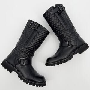 Chanel Quilted Diamond Leather CC Logo Biker Riding Boots Black 36.5 Moto Rodeo